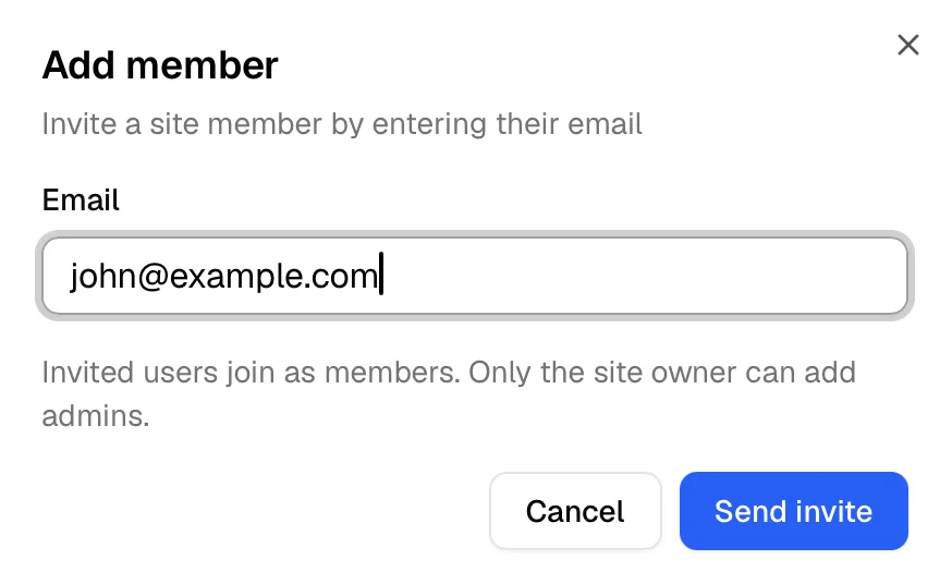 The Add member dialog as an admin sees it: an email field, and a note that invited users join as members