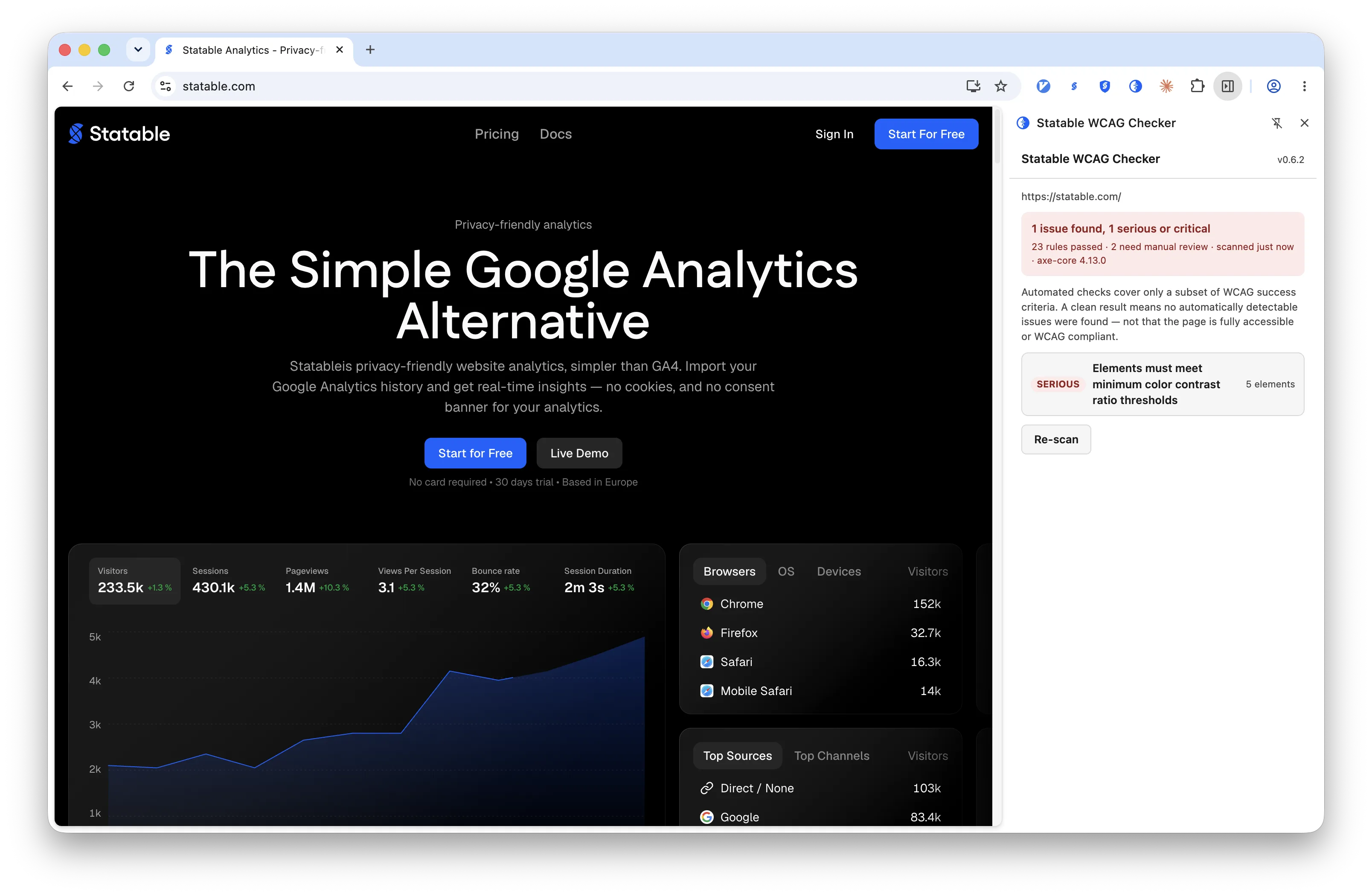 Statable WCAG Checker side panel in Chrome