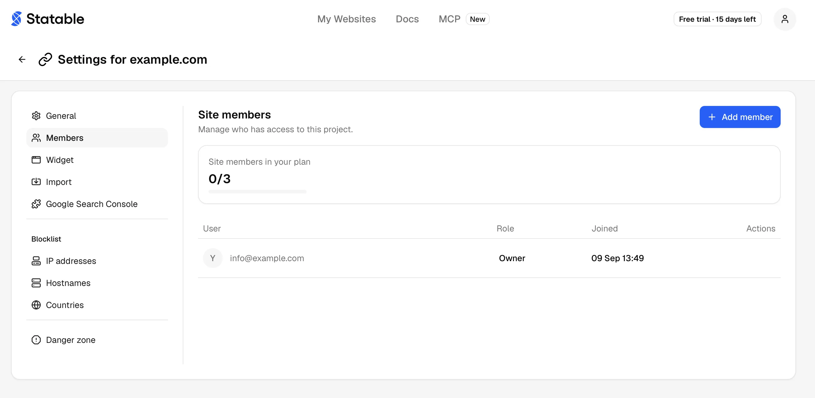 The Members page on a new site: the owner is the only row, and no seats are used