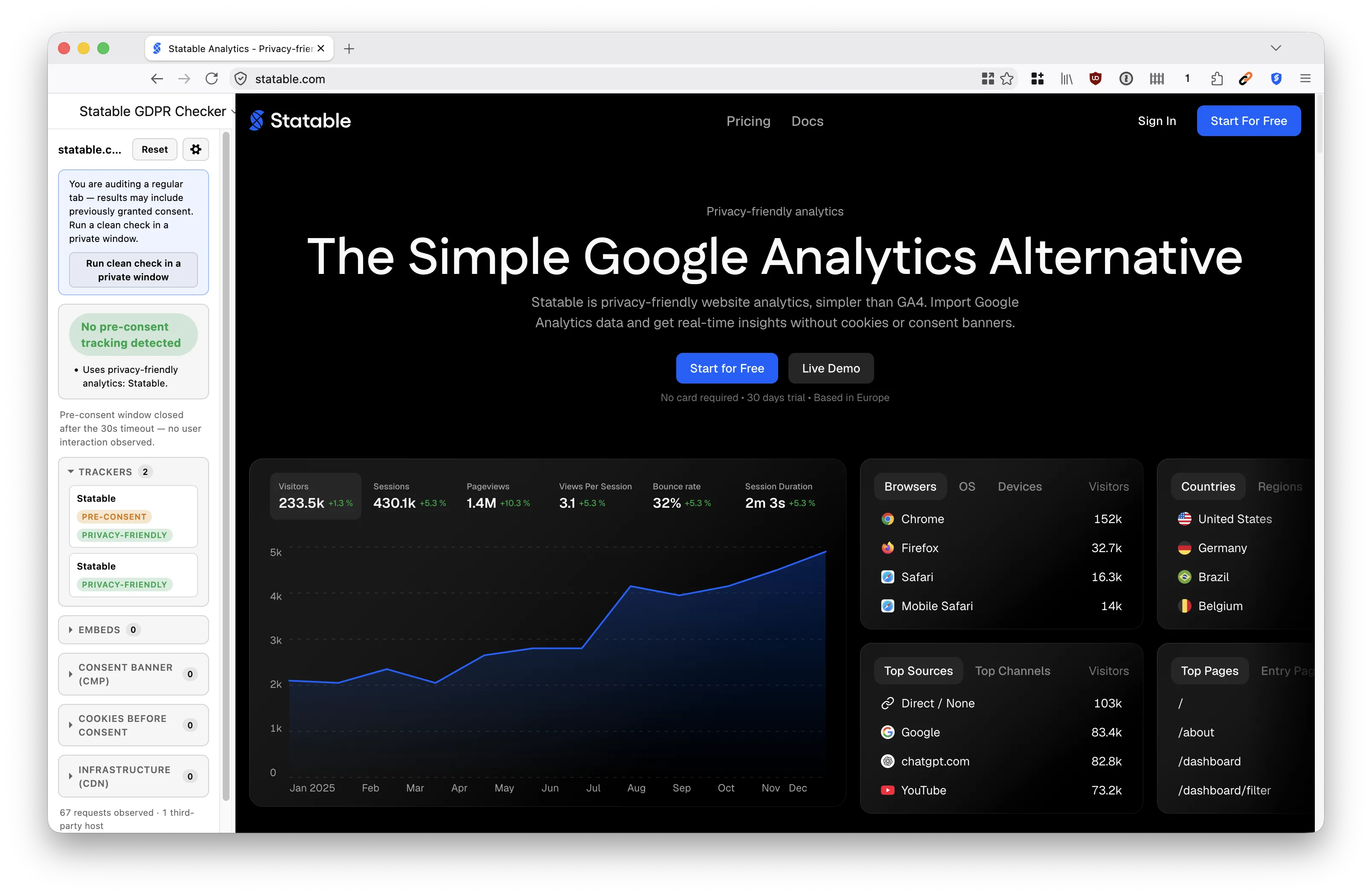 Statable GDPR Checker sidebar in Firefox