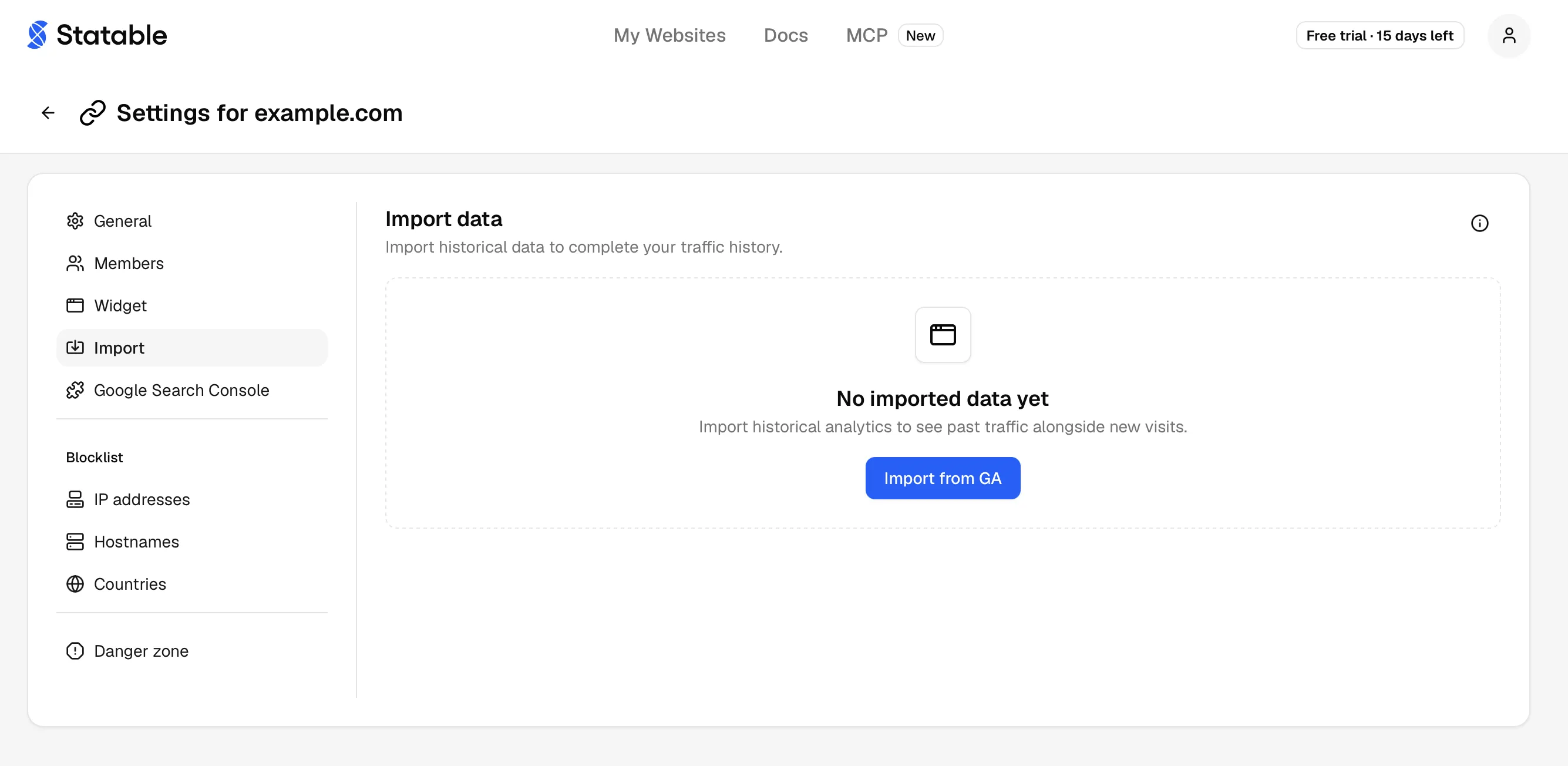 Site settings sidebar with Import highlighted