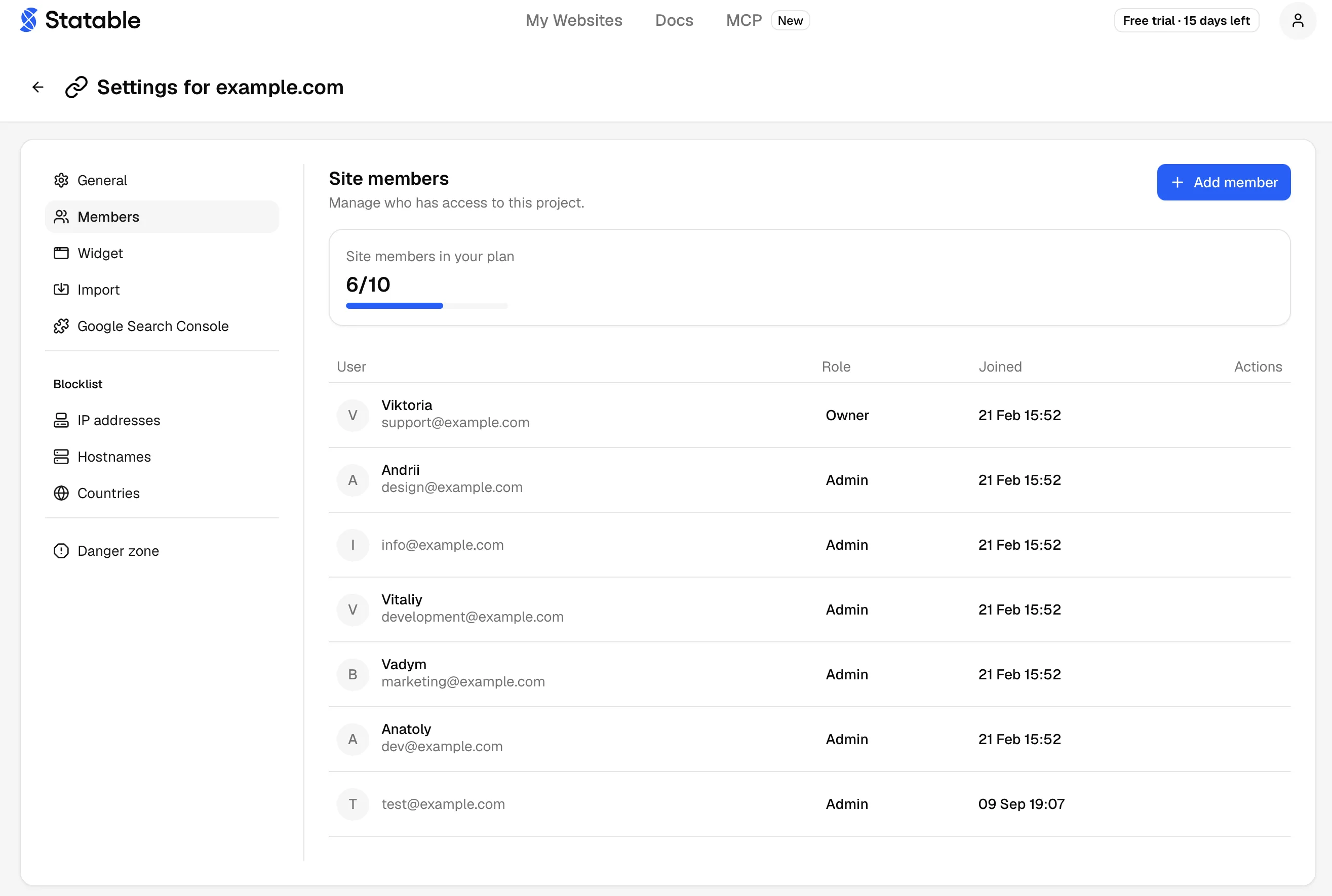 The Members page with six of ten seats used, listing the owner and six admins