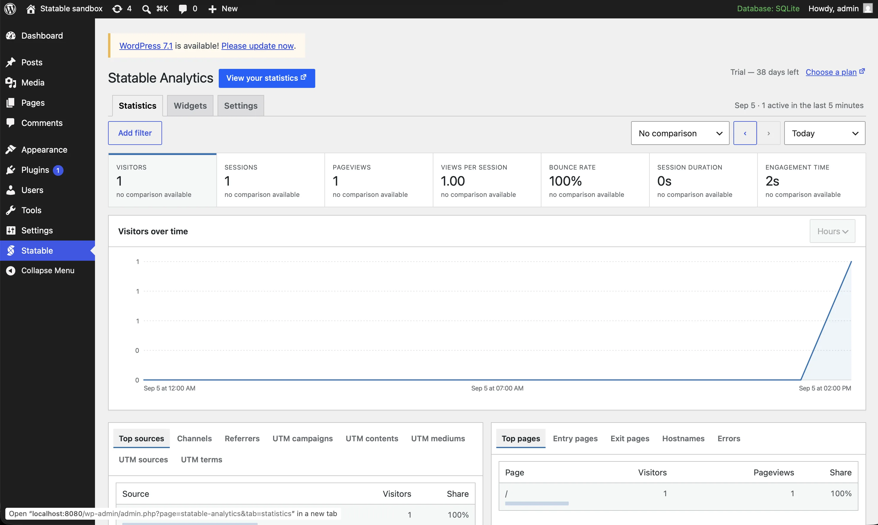 The Statistics tab in wp-admin, with the metric tiles, the visitors chart and the source and page panels